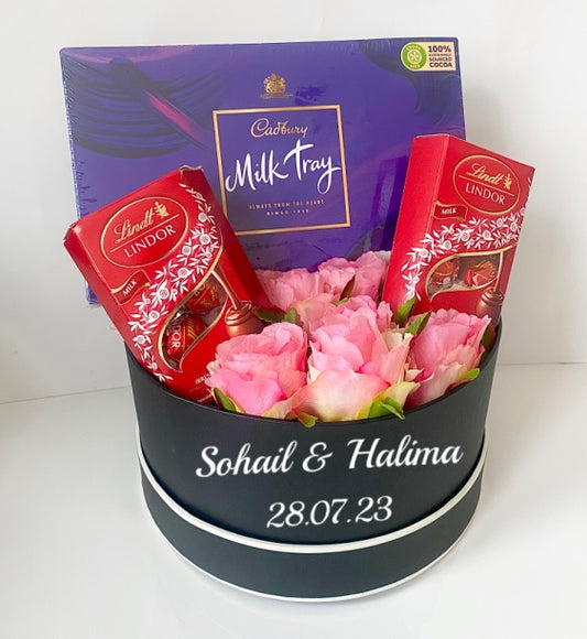 Personalised Hat Box Gift with Flowers & Chocolates