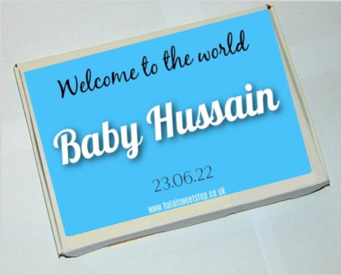 Personalised Baby Boy Chocolate Letterbox Gift Blue Halal